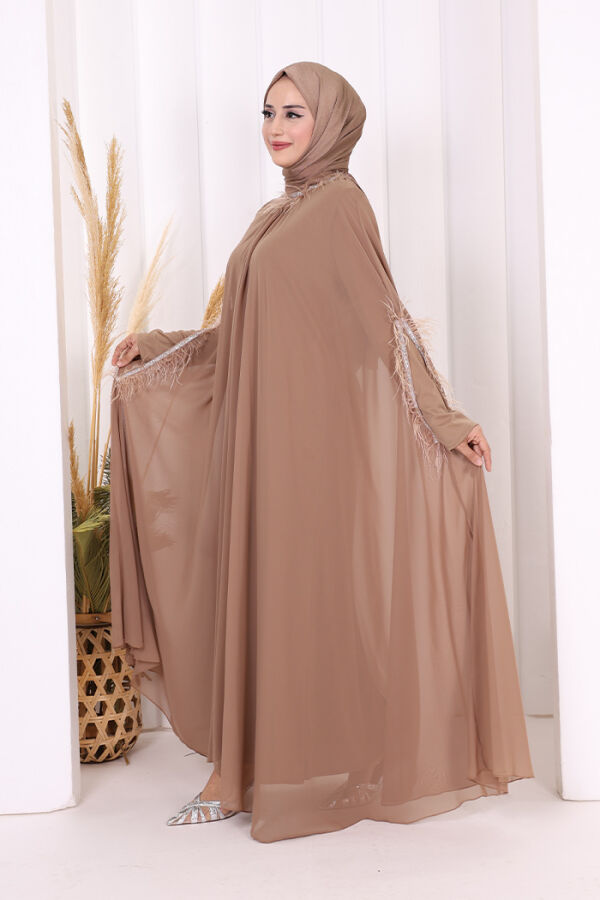 Püsküllü Yakası Taş Detaylı Abayalı Elbise Takım 8494 Vizon - 4