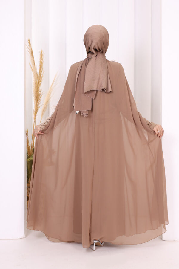 Püsküllü Yakası Taş Detaylı Abayalı Elbise Takım 8494 Vizon - 5