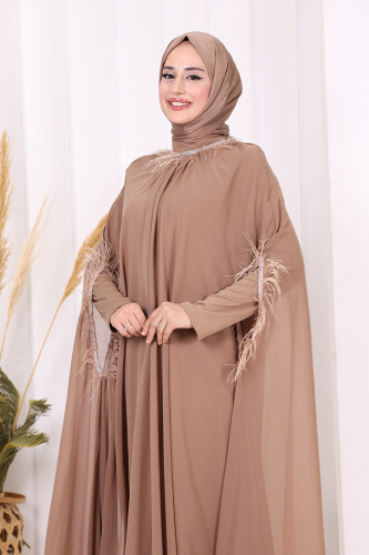 Püsküllü Yakası Taş Detaylı Abayalı Elbise Takım 8494 Vizon - 6