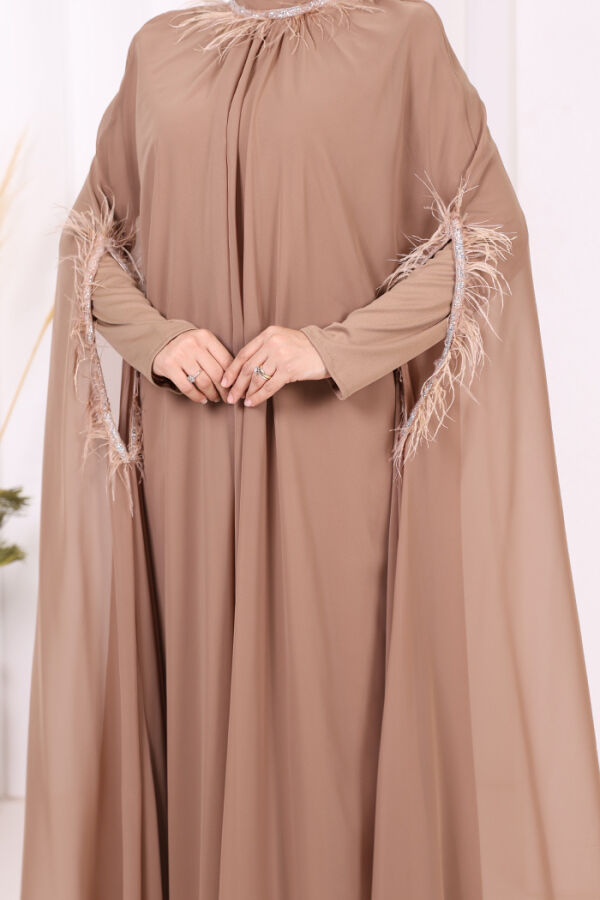 Püsküllü Yakası Taş Detaylı Abayalı Elbise Takım 8494 Vizon - 7