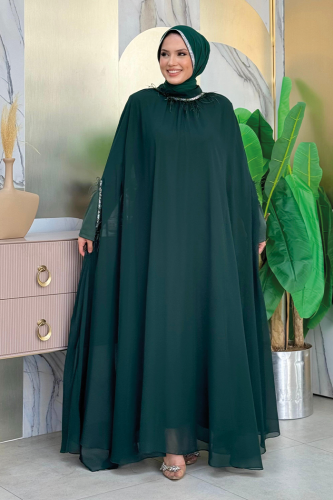 Püsküllü Yakası Taş Detaylı Abayalı Elbise Takım 8494 Zümrüt - Bym Fashion