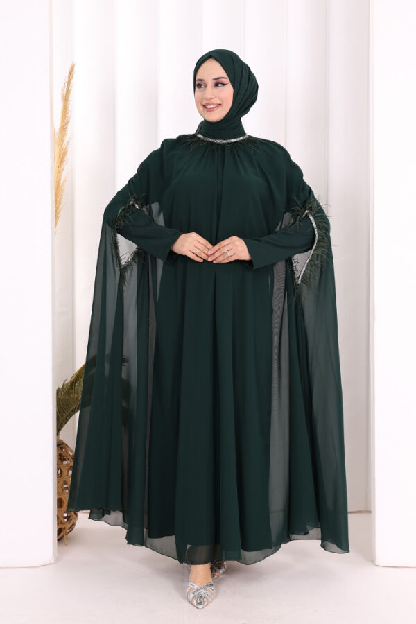 Püsküllü Yakası Taş Detaylı Abayalı Elbise Takım 8494 Zümrüt - 5