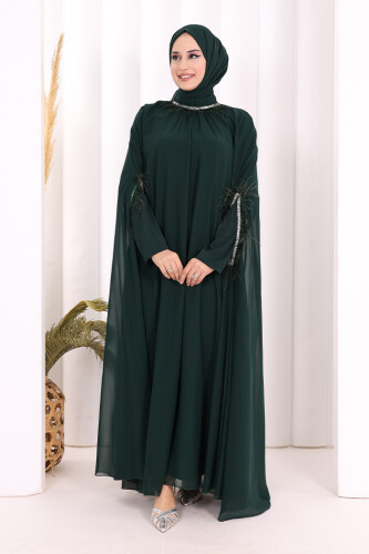 Püsküllü Yakası Taş Detaylı Abayalı Elbise Takım 8494 Zümrüt - 6