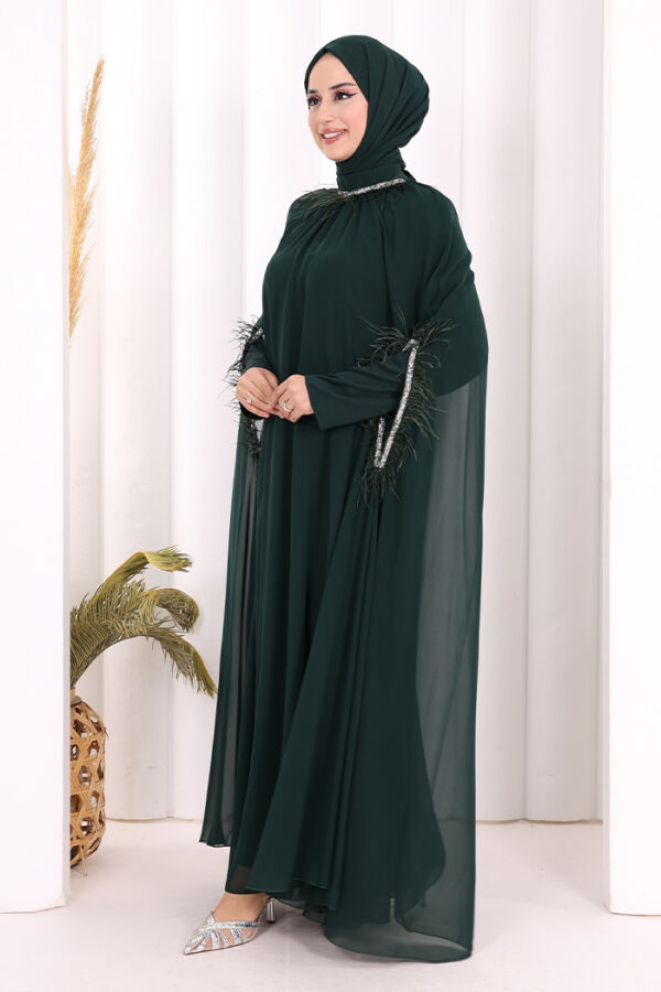 Püsküllü Yakası Taş Detaylı Abayalı Elbise Takım 8494 Zümrüt - 7