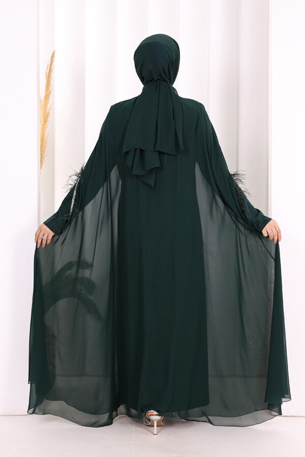 Püsküllü Yakası Taş Detaylı Abayalı Elbise Takım 8494 Zümrüt - 8