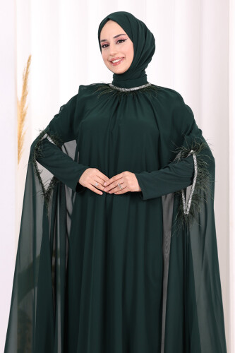 Püsküllü Yakası Taş Detaylı Abayalı Elbise Takım 8494 Zümrüt - 9