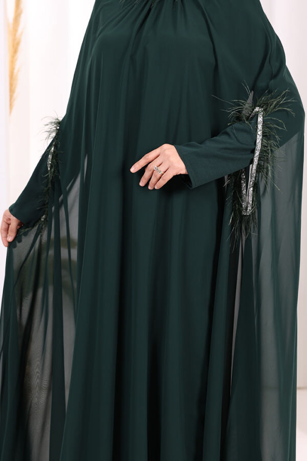 Püsküllü Yakası Taş Detaylı Abayalı Elbise Takım 8494 Zümrüt - 10