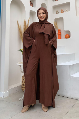 Şalıyla Birlikte Tulum ve Abaya İkili Takım 8519 Kahverengi - Bym Fashion