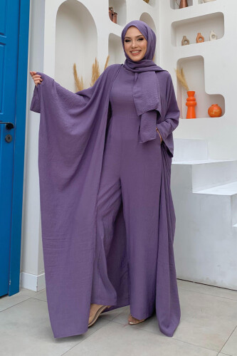 Şalıyla Birlikte Tulum ve Abaya İkili Takım 8519 Lila - Bym Fashion