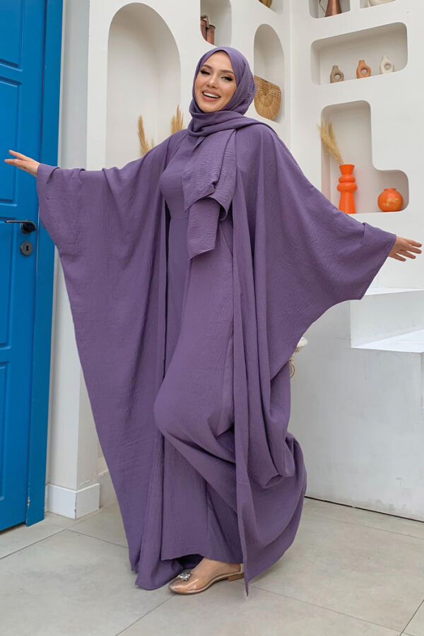 Şalıyla Birlikte Tulum ve Abaya İkili Takım 8519 Lila - 3