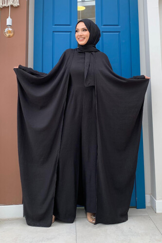 Şalıyla Birlikte Tulum ve Abaya İkili Takım 8519 Siyah - Bym Fashion
