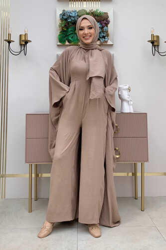 Şalıyla Birlikte Tulum ve Abaya İkili Takım 8519 Vizon - Bym Fashion