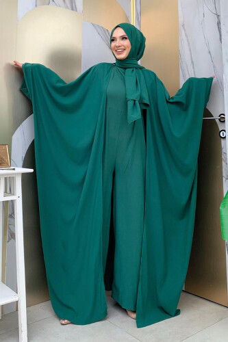 Şalıyla Birlikte Tulum ve Abaya İkili Takım 8519 Zümrüt - Bym Fashion