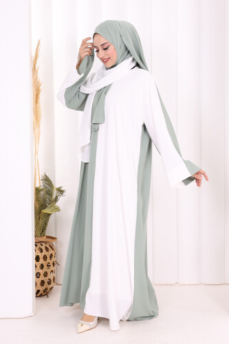 Şallı Çift Renk Elbise 3950 Ekru - 3