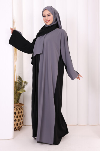 Şallı Çift Renk Elbise 3950 Gri - 3