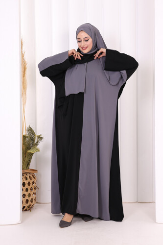 Şallı Çift Renk Elbise 3950 Gri - 4