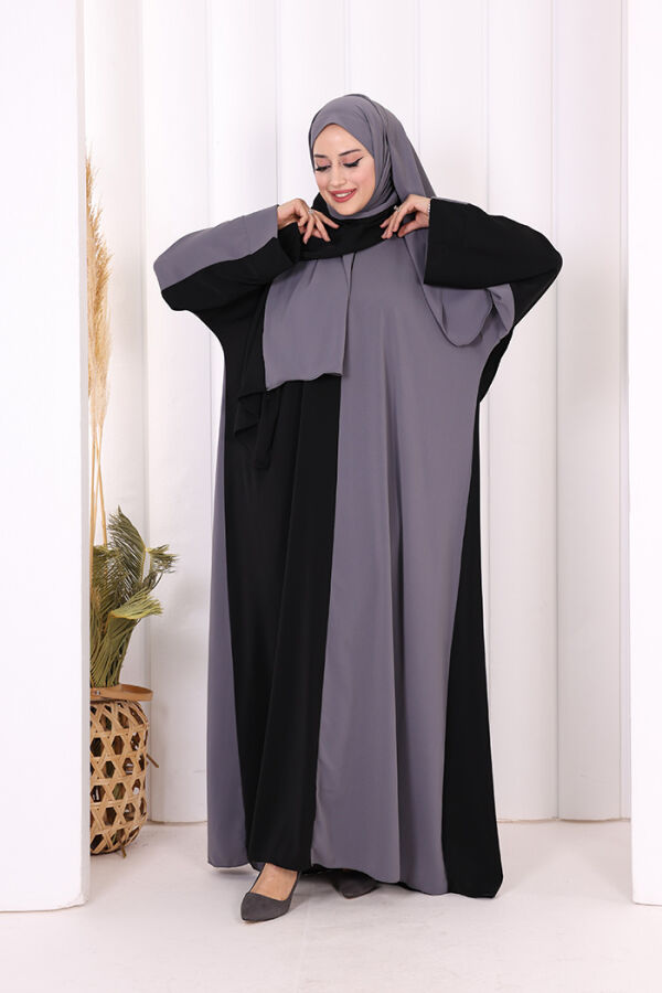 Şallı Çift Renk Elbise 3950 Gri - 4