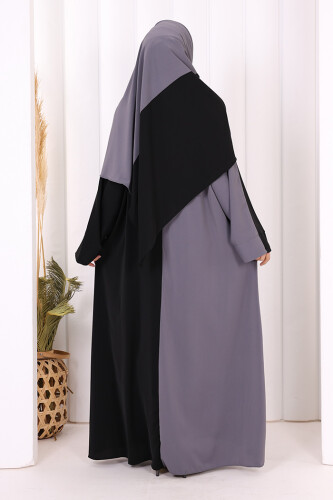 Şallı Çift Renk Elbise 3950 Gri - 5