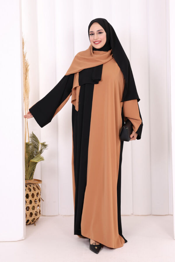 Şallı Çift Renk Elbise 3950 Taba - 1