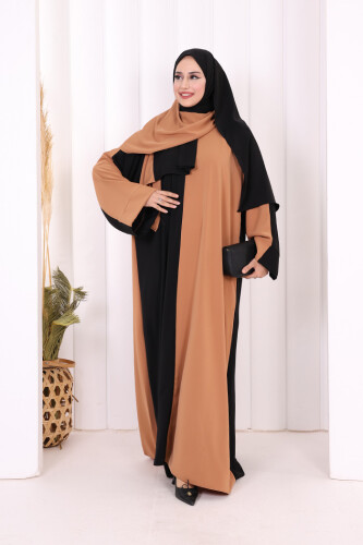 Şallı Çift Renk Elbise 3950 Taba - 2