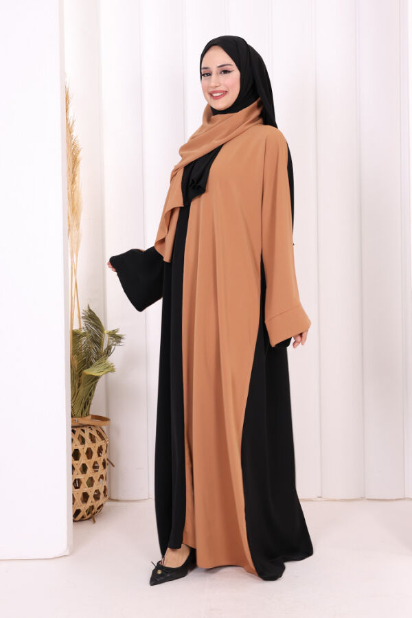 Şallı Çift Renk Elbise 3950 Taba - 3