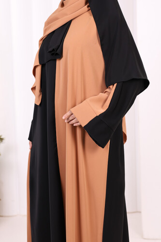 Şallı Çift Renk Elbise 3950 Taba - 6