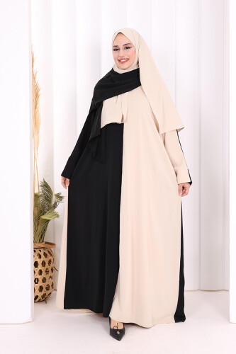 Şallı Çift Renk Elbise 3950 Taş