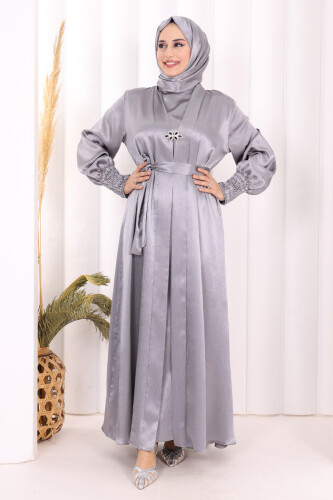 Şallı Elbise Broşlu Abaya Takım 7055 Gri 