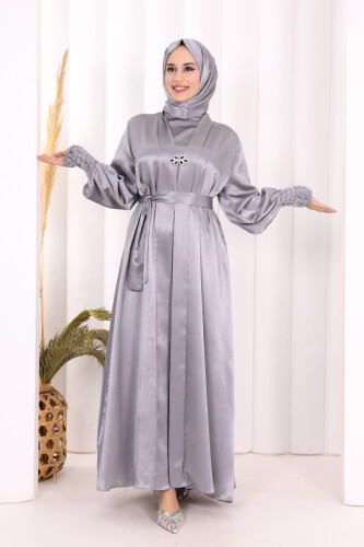 Şallı Elbise Broşlu Abaya Takım 7055 Gri - 2
