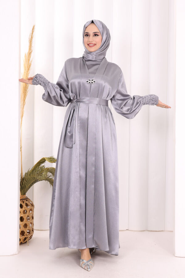 Şallı Elbise Broşlu Abaya Takım 7055 Gri - 2