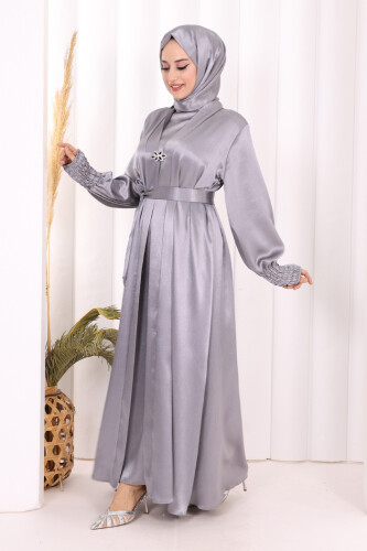 Şallı Elbise Broşlu Abaya Takım 7055 Gri - 3