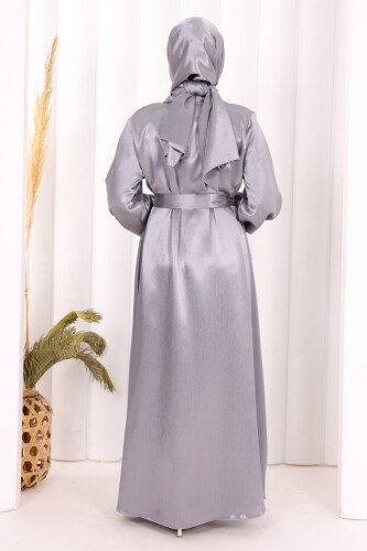 Şallı Elbise Broşlu Abaya Takım 7055 Gri - 4