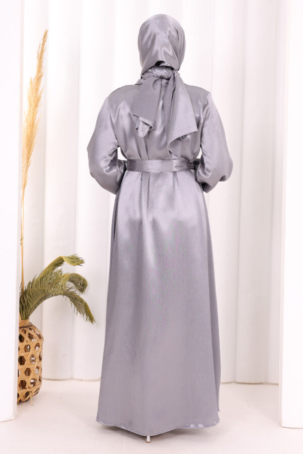 Şallı Elbise Broşlu Abaya Takım 7055 Gri - 4