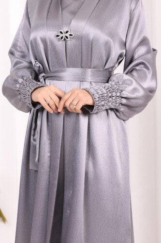 Şallı Elbise Broşlu Abaya Takım 7055 Gri - 6