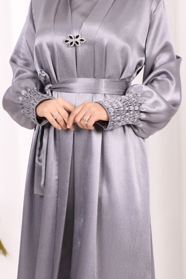 Şallı Elbise Broşlu Abaya Takım 7055 Gri - 6