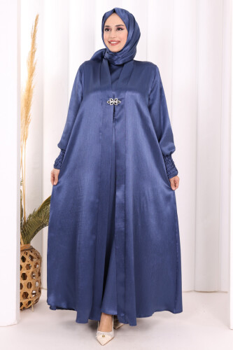 Şallı Elbise Broşlu Abaya Takım 7055 Lacivert - 1