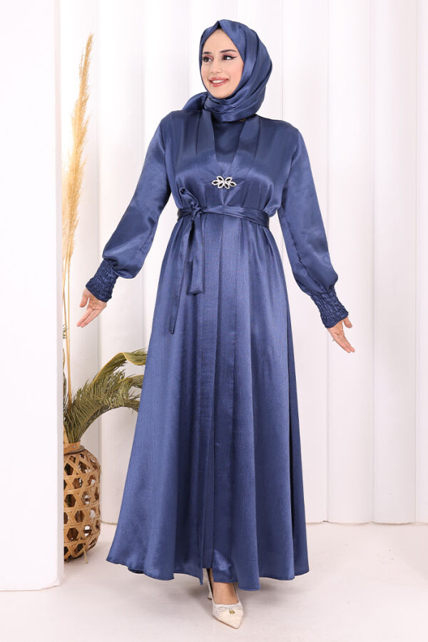 Şallı Elbise Broşlu Abaya Takım 7055 Lacivert - 2