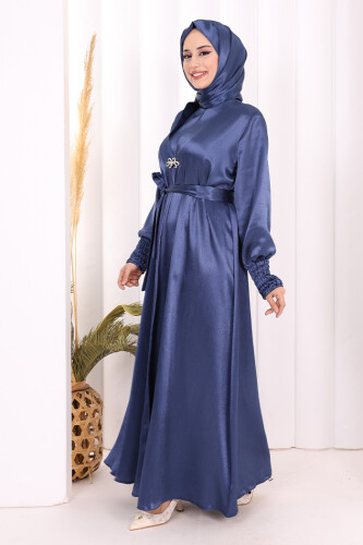 Şallı Elbise Broşlu Abaya Takım 7055 Lacivert - 3
