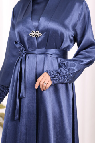 Şallı Elbise Broşlu Abaya Takım 7055 Lacivert - 6