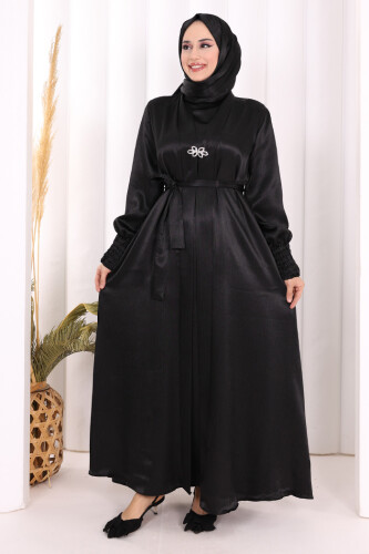 Şallı Elbise Broşlu Abaya Takım 7055 Siyah 