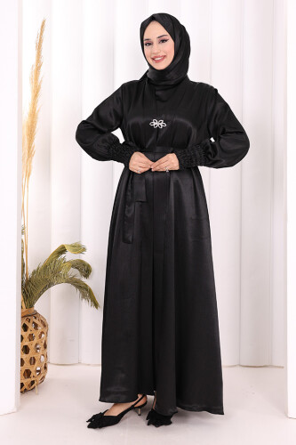 Şallı Elbise Broşlu Abaya Takım 7055 Siyah - 2