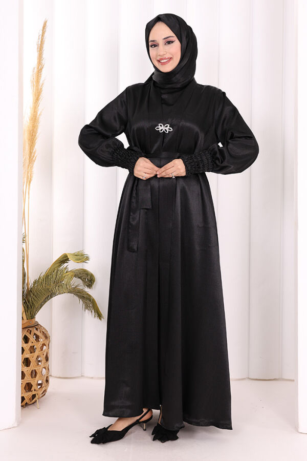 Şallı Elbise Broşlu Abaya Takım 7055 Siyah - 2