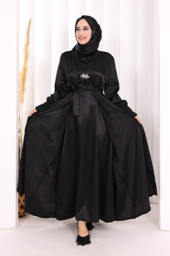 Şallı Elbise Broşlu Abaya Takım 7055 Siyah - 3