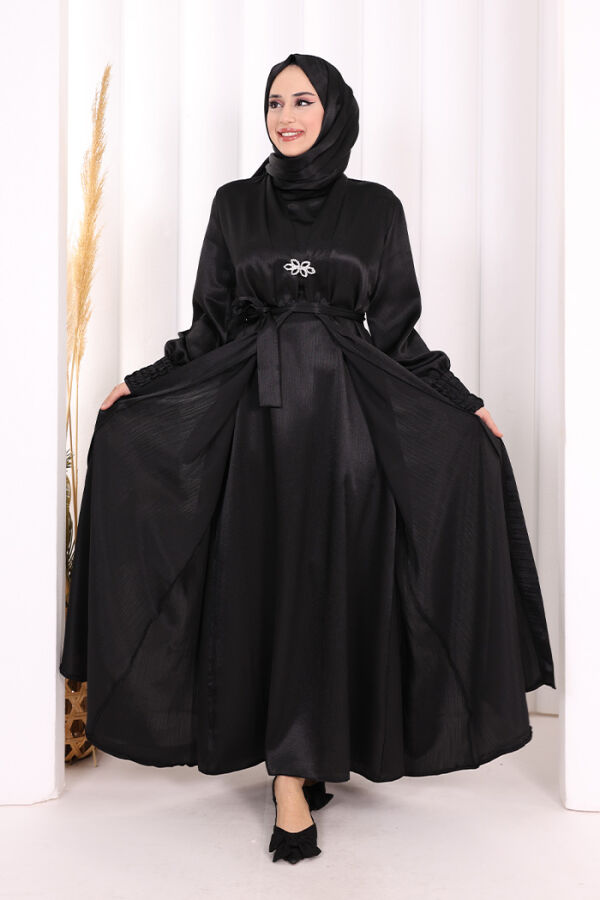 Şallı Elbise Broşlu Abaya Takım 7055 Siyah - 3
