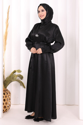 Şallı Elbise Broşlu Abaya Takım 7055 Siyah - 4