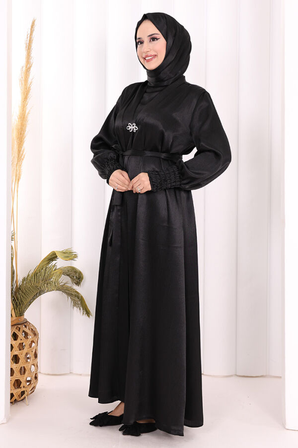 Şallı Elbise Broşlu Abaya Takım 7055 Siyah - 4