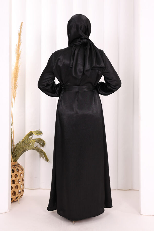 Şallı Elbise Broşlu Abaya Takım 7055 Siyah - 5