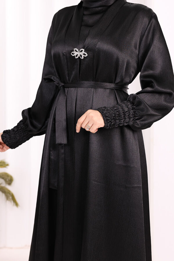 Şallı Elbise Broşlu Abaya Takım 7055 Siyah - 7