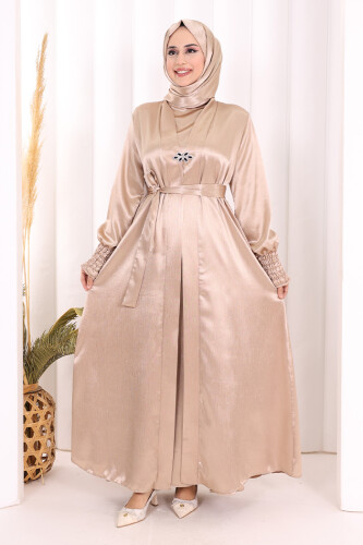 Şallı Elbise Broşlu Abaya Takım 7055 Vizon