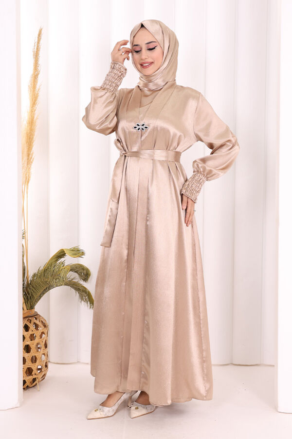 Şallı Elbise Broşlu Abaya Takım 7055 Vizon - 2